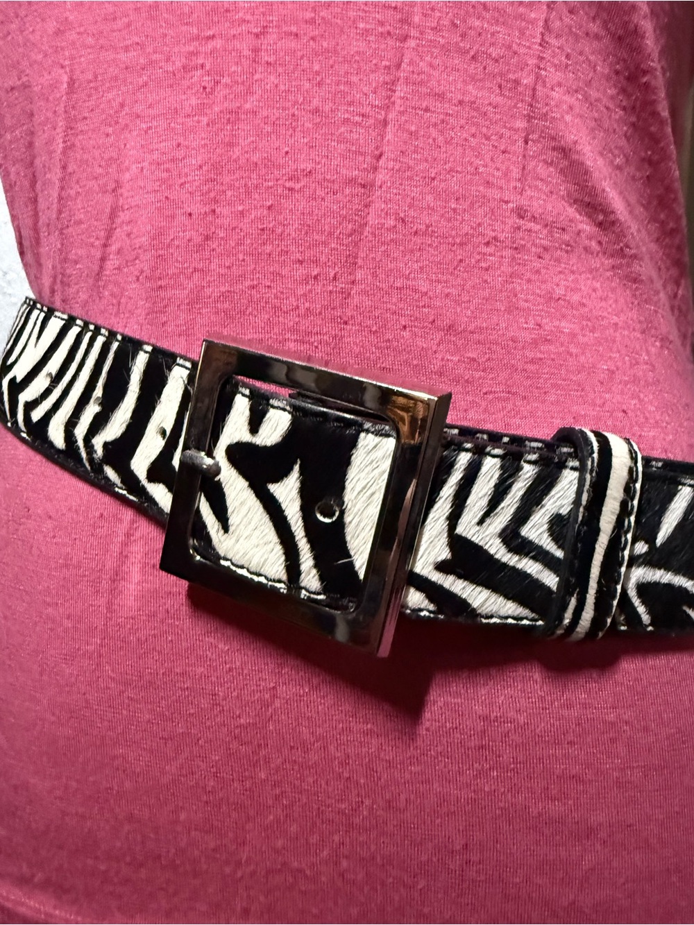 Faux Fur Zebra Print Leather Belt Silver Square Buckle Medium Y2K⁠